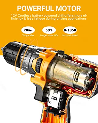 DEKO TOOLS 12V CORDLESS IMPACT DRILL, Rated Torque: 28N.m Torque Settings: 18+3 No Load Speed: 0-350/0-1350.