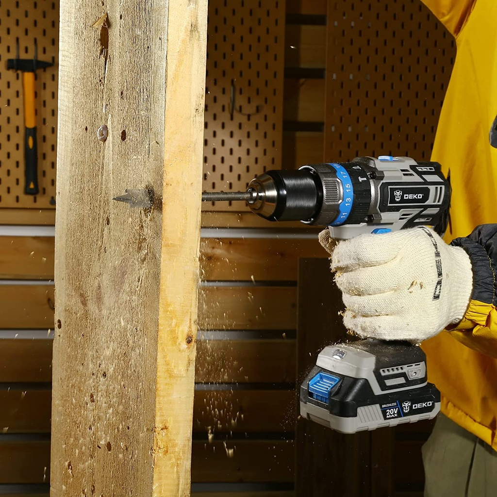 DEKOPRO 20V BRUSHLESS IMPACT DRILL, Max Torque: 42N.m Torque Settings: 18+3 No-load Speed: 0-450/0-1700rpm.