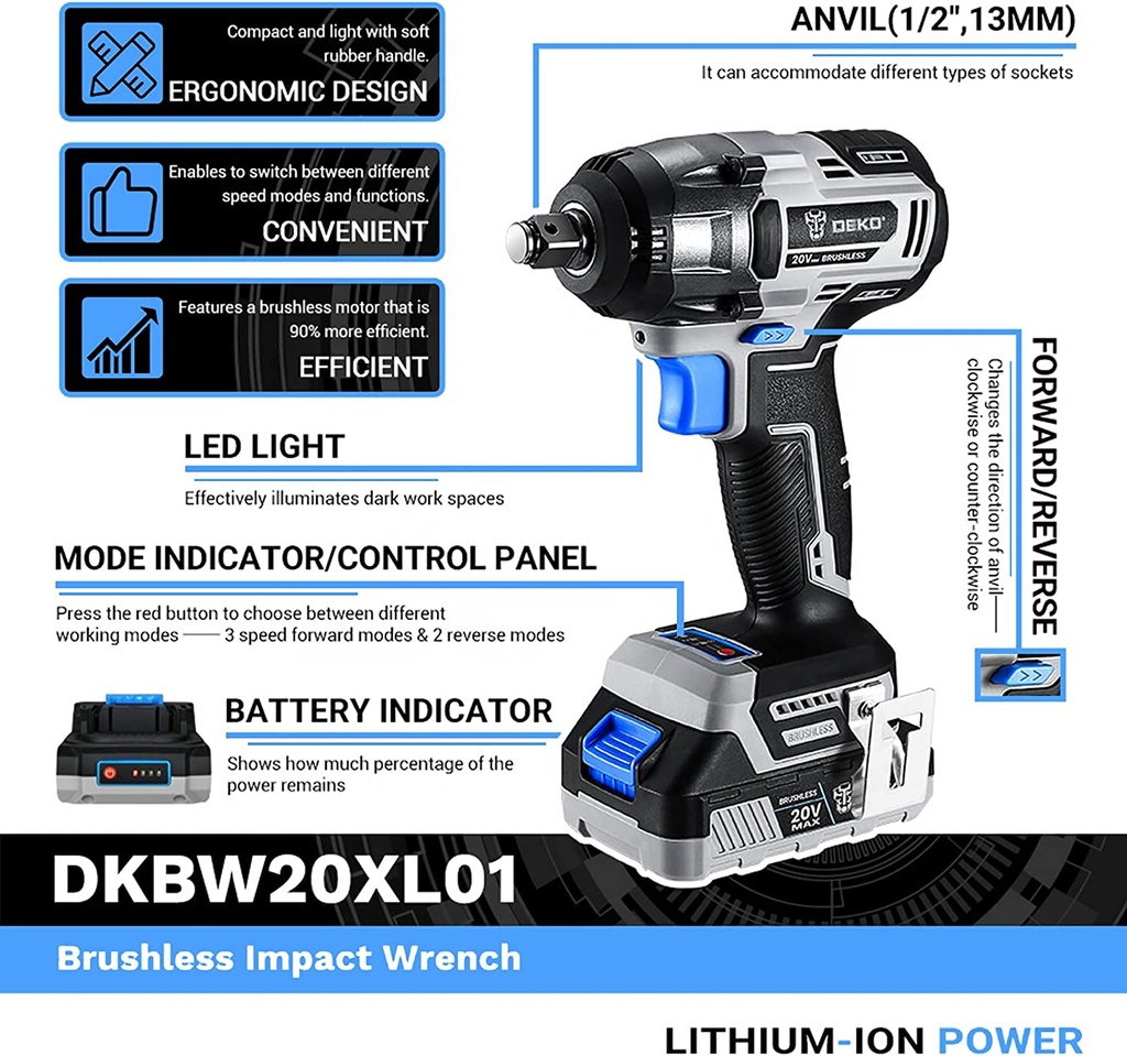 DEKOPRO 20V BRUSHLESS WRENCH（BODY ONLY）, Max Torque:350N.m No-load Speed: 0-1000/0-1800/0-2450rpm Impacts Per Minute:0-3200bpm.