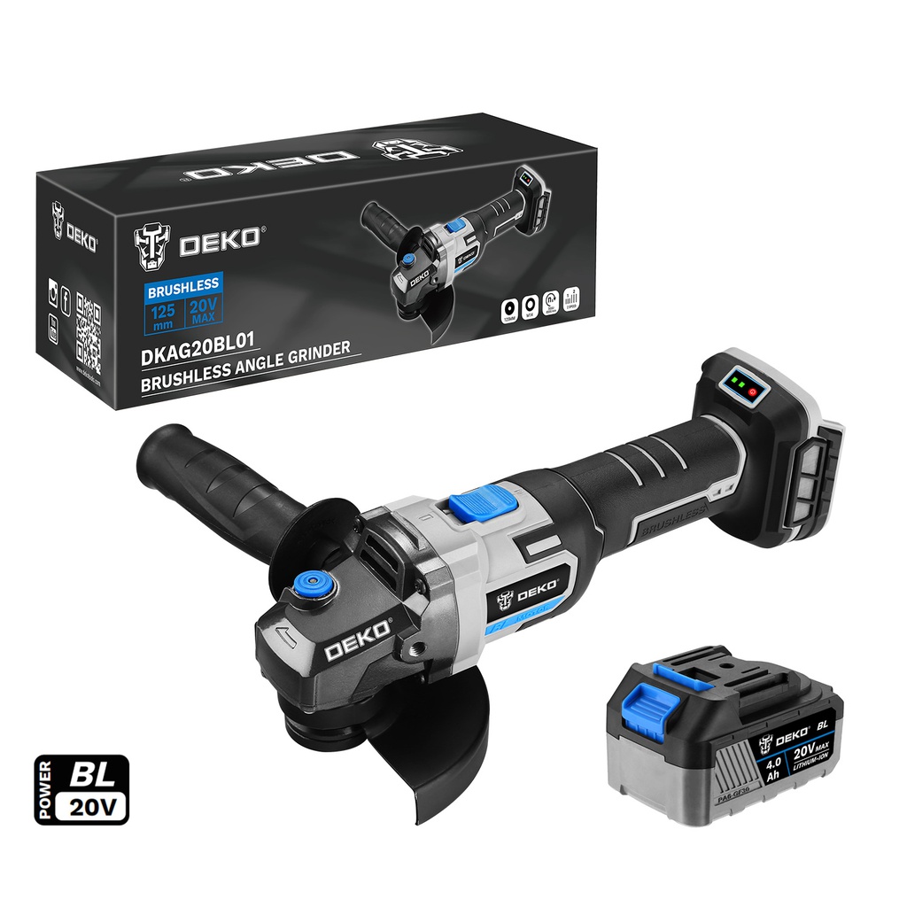 DEKO Tools 20V 125mm B/C Angle Grinder incl.1 x 4.0Ah Battery and 1 x Charger