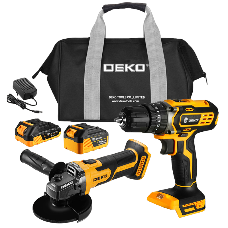 DEKO Tools 20V Combo of Cordless
Impact Drill and 115mm Angle Grinder with 1pc 2.0Ah and a 1pc 3.0Ah Lithium-Ion
Battery and 1 pc Charger - in Bag.