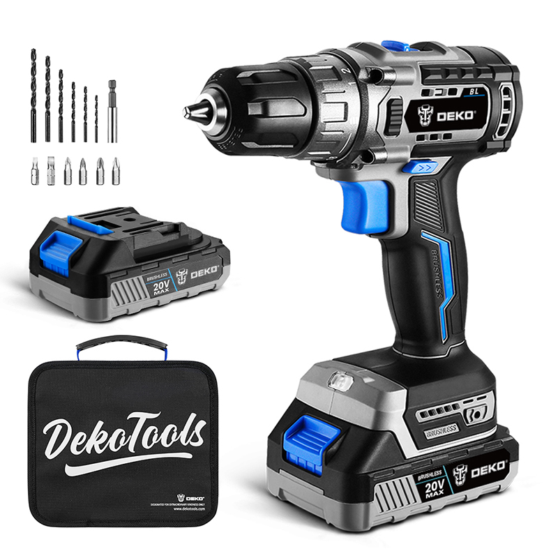 DEKO Tools Brushless Drill with 2 pc
2.0Ah Lithium-ion Battery and 1 pc Charger in DEKO Tools bag.