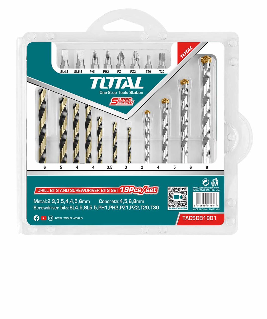 19 Pcs Drill Bits & Screwdriver Bits Set, TOTAL TOOLS