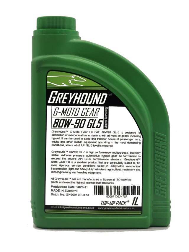 1L Greyhound Lubricants G-Moto Gear 80w90 GL-5 80W-90 Gear Oil For Manual Transmissions, axles and transfer boxes