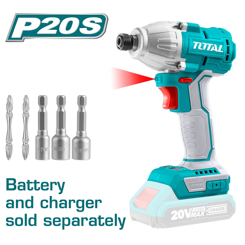 Cordless Brushless 1/4" Impact Driver 20V, TOTAL TOOLS