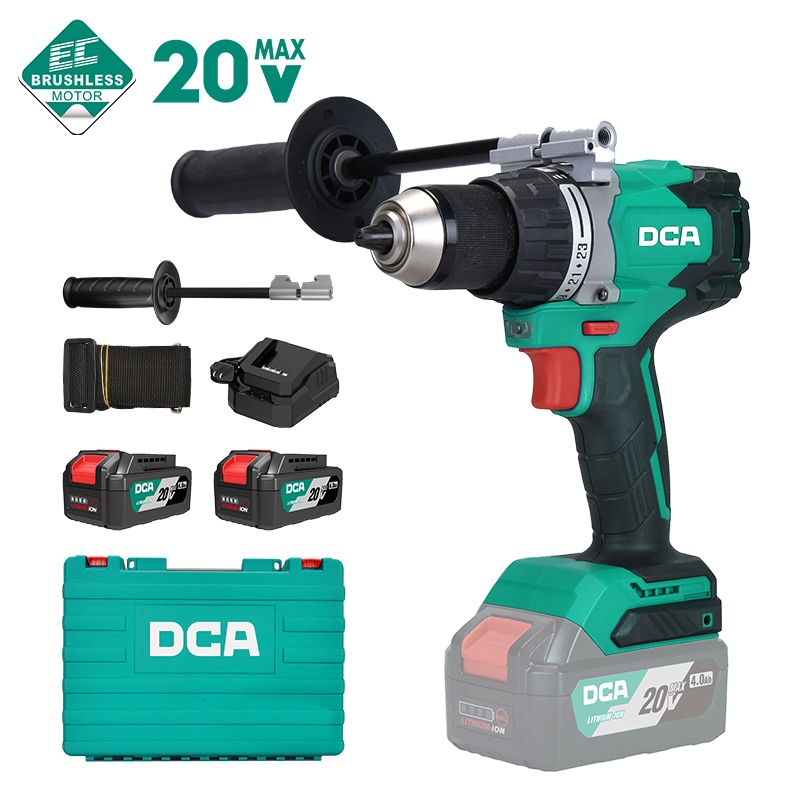 DCA 20V 13mm Cordless Brushless Driver Drill 120nm Kit With 4.0Ah*2 & Charger & Handle