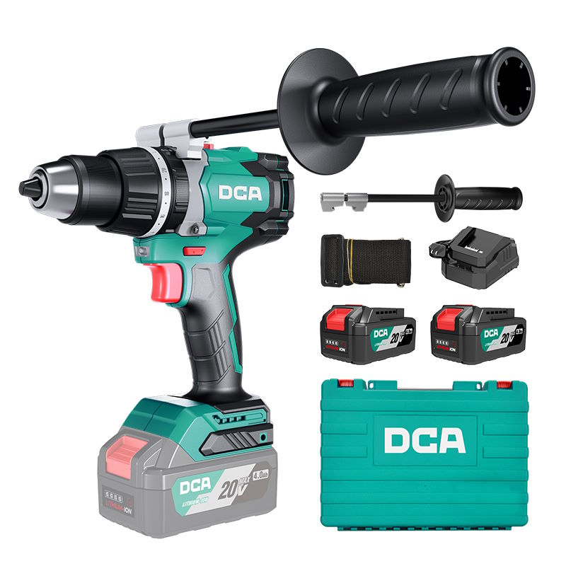 DCA 20V 13mm Cordless Brushless Hammer Drill Kit With 4.0Ah*2 & Charger & Handle