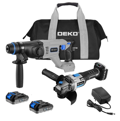 [DKBL20XLC6-B] DEKO Tools 20 V Combo of B/C 115mm Angle Grinder & Rotary Hammer with 2 x 2.0Ah Battery & 1 x Charger in Tools Bag