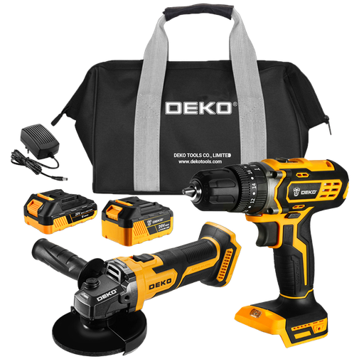 [DKCD20XLC7-B] DEKO Tools 20V Combo of Cordless
Impact Drill and 115mm Angle Grinder with 1pc 2.0Ah and a 1pc 3.0Ah Lithium-Ion
Battery and 1 pc Charger - in Bag.