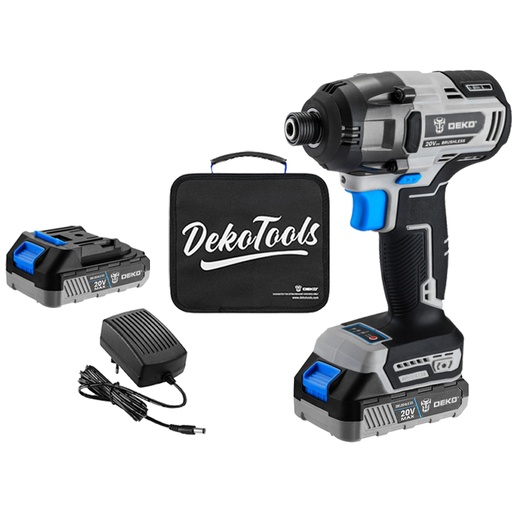 [DKID20BL01-BS2] DEKO Tools 20V Cordless, Brushless
Impact Driver with 2 pc 2.0AH Lithium-ion Battery and 1 pc Charger.