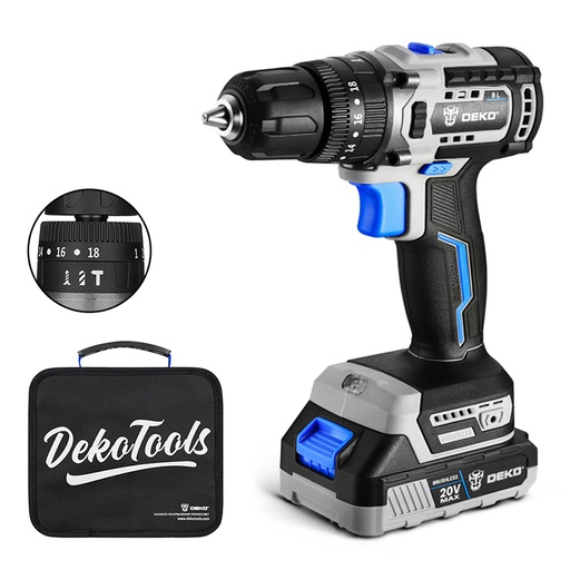 [DKBL20ID01-B10] DEKO Tools Brushless Impact Drill with
1 pc 2.0Ah Lithium-ion Battery and 1 pc Charger in DEKO Tools bag.