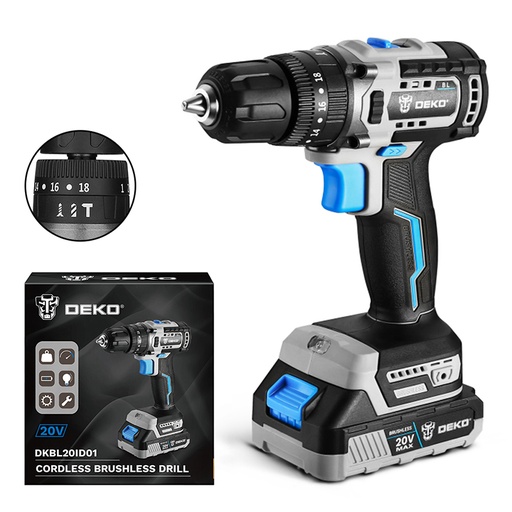 [DKBL20ID01-H10] DEKO Tools Brushless Impact Drill with1 pc 2.0Ah Lithium-ion Battery and 1 pc Charger