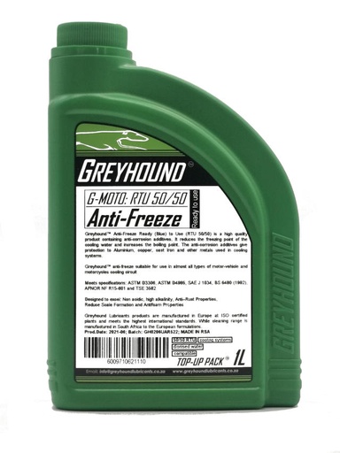 [F-GHMOT905-CBA] 1L Greyhound Lubricant G-Moto RTU 50/50 Anti Freeze Coolant For passenger cars, SUVs, light commercial and heavy-duty vehicles.