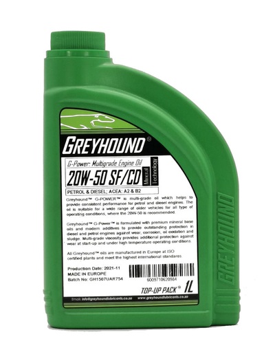 [F-GHPOW150-CBA] 1L Greyhound Lubricant Mineral G-Power 20w50 SF/CD Engine Oil For Petrol & Diesel engines