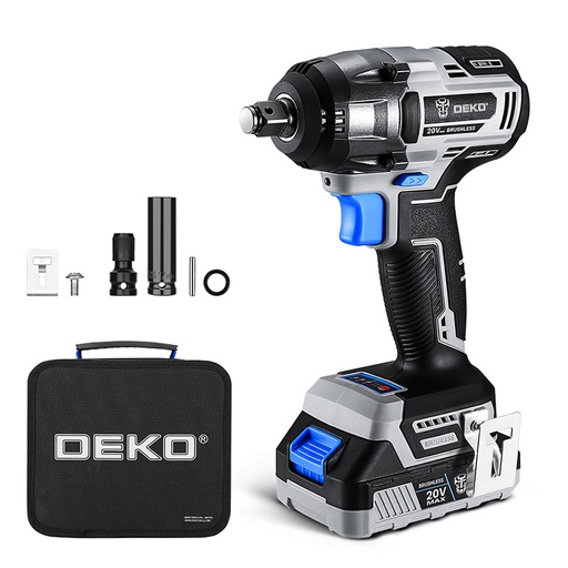 [DKBW20XL01-B] 20V DEKO Tools Cordless, Brushless
Wrench Tool with 1 pc 2.0Ah Lithium-ion Battery and 1 pc Charger. In DEKO Tools
bag.