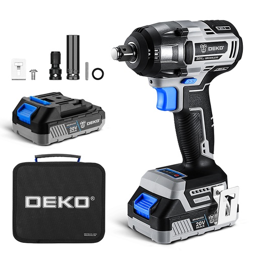 [DKBW20XL01-BS2] 20V DEKO Tools Cordless, Brushless
Wrench Tool with 2 pc 2.0Ah Lithium-ion Battery and 1 pc Charger. In DEKO Tools
bag.