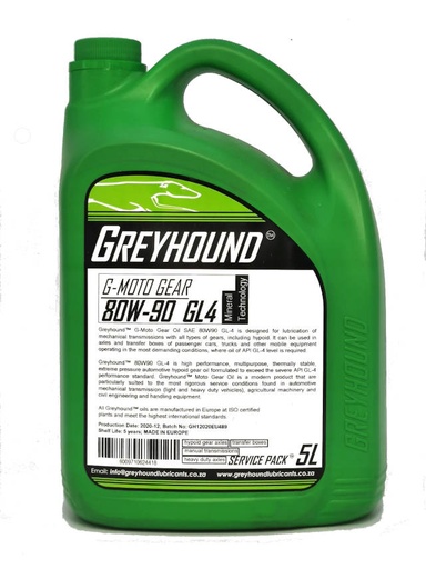 [F-GHMOT130-C9A] 5L Greyhound Lubricant G-Moto Gear 80w90 GL-4 80W-90 Gear Oil For Manual Transmissions, axles and transfer boxes