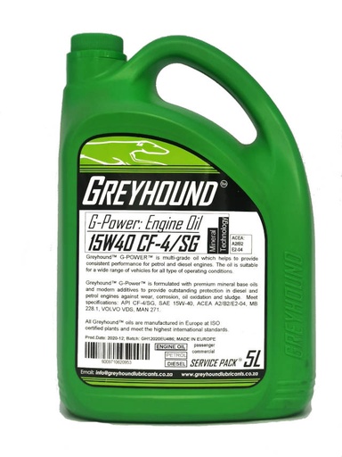 [F-GHPOW220-C9A] 5L Greyhound Lubricant Mineral G-Power 15W-40 CF-4/SG Engine Oil For Petrol & Diesel engines