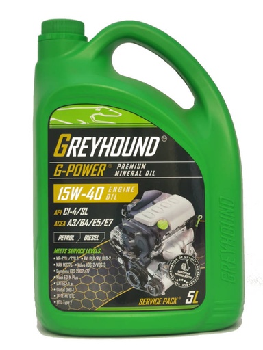 [F-GHPOW520-C9A] 5L Greyhound Lubricant Mineral G-Power 15w40 CI-4/SL Engine Oil For Petrol & Diesel engines