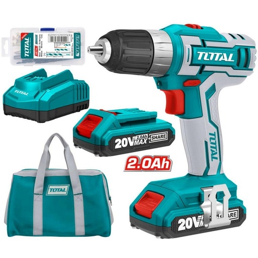 [TDLI2002] Cordless 20V Drill Set 2Pcs 2Ah Batteries 2-speed Gear, TOTAL TOOLS